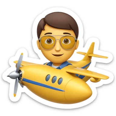 A 3D Apple-style yellow emoji character, classic round shape, wearing pilot-style sunglasses, arms crossed, small smile, a miniature airplane icon floating above its head, symbolizing “airplane mode,” clean cartoonish style, simple background. sticker