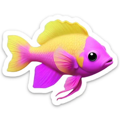 royal gramma tiny fish with purpleish pink front face and half front of body, neon yellow back half and black dot on top fin sticker