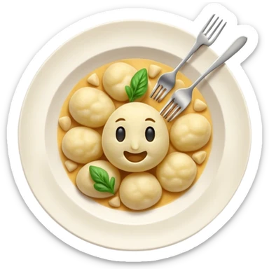 Gnocchi Cinematic Realistic Gnocchi Dish Emoji, depicted as tender potato dumplings garnished with iconic fork marks on top, rendered with soft textures and warm, inviting lighting. sticker