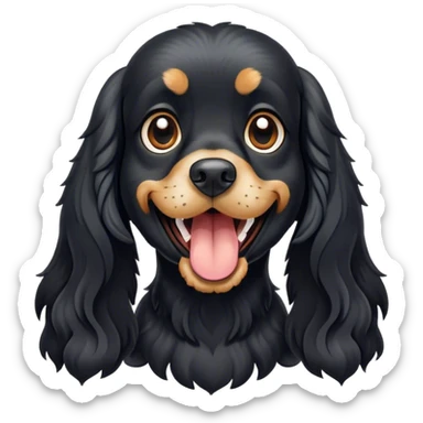 Cinematic Comical Black Cocker Spaniel Portrait Emoji, Head tilted dramatically with an exaggeratedly amused expression, featuring a shiny black coat with noticeable tan accents, wide, expressive dark eyes filled with playful disbelief, Simplified yet hilariously expressive features, highly detailed, glowing with a slightly sassy glow, high shine, dramatic yet playful, stylized with an air of cheeky mischief, bright and endearing, soft glowing outline, capturing the essence of a spirited and over-the-top companion, so meme-worthy it feels like it could side-eye its way into internet fame instantly! sticker