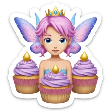 beige fairy cupcakes with yellow frosted icing on top and a enchantress fairy with tanned skin and pink hair and lilac wings and blue eyes wearing a dusky pink embellished gown decoration sticker