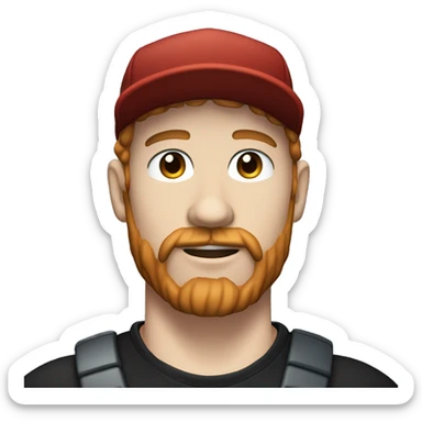 35 years old, male, short curly red hair, black baseball hat, blue eyes, pale complexion, thick beard and thin mustache sticker