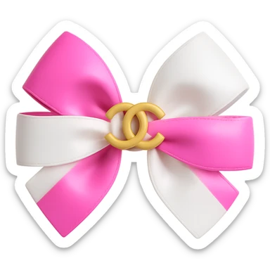 Change the bow to pink and white, keep the gold Chanel logo, glossy, 3D emoji style. Remove the background. sticker