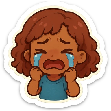 brown-skinned girl with shoulder-length curly reddish hair, crying, chibi stickers style sticker