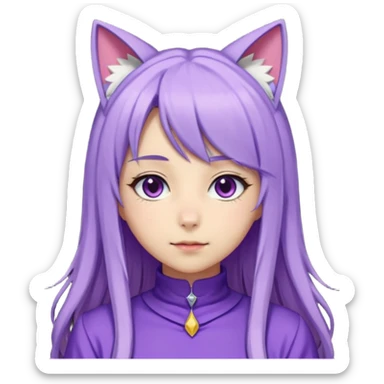female anime character with long periwinkle hair and cat ears on her head. She is wearing a purple outfit with a high neckline and long sleeves.  sticker
