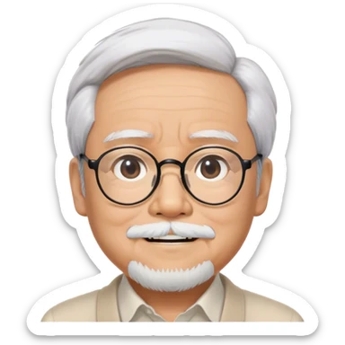 ​Cinematic Realistic Portrait of Hayao Miyazaki, depicted with defined black eyebrows, and large rectangular glasses, his happy expression rendered in lifelike detail, illuminated with soft, realistic lighting that emphasizes his creative genius, sticker