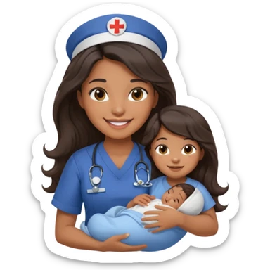 Female nurse smiling with long dark wavy hair with medium brown skin and brown eyes holding one tiny new born baby with navy blue short sleeves sticker