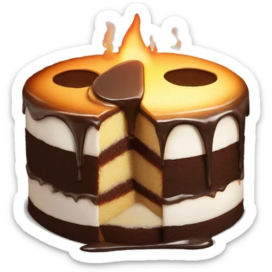 half raw half burned cake with melted smile sticker