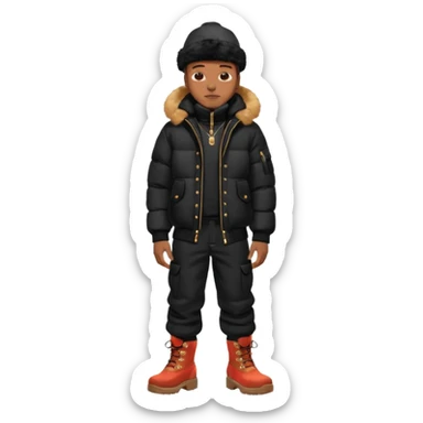 Handsome Black grown man with brown skin tone, wear black joggers, a black bubble coat with a fur brim on the hood, and buckwheat timberland boots sticker