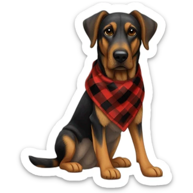 adult 75% Coonhound 25% German Shepherd mix dog with visible tail wearing small pointed red buffalo plaid bandana full body side view sticker