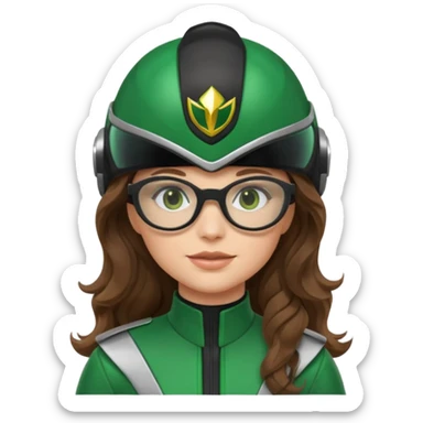 green power ranger, white girl with long brown wavy hair, thin black glasses, standing with helmet off, emoji style sticker