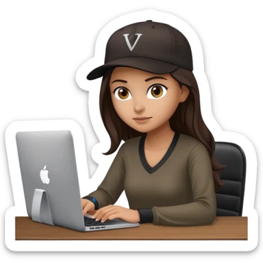 A professional 3D avatar of a young woman with olive skin and long, dark brown hair, wearing a dark, long-sleeved V-neck brown shirt and a black baseball cap. She's sitting at a sleek wooden desk, typing and looking at a silver MacBook.  sticker