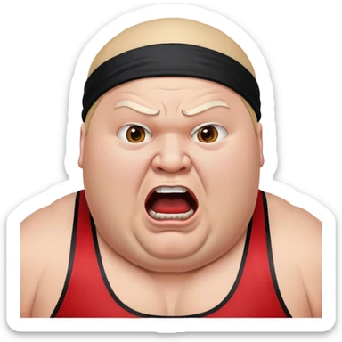 Extreme close-up of face of morbidly obese white skin guy with young face, prominent BLACK DURAG tied clearly on head, black beard but no mustache, clean shaven upper lip, black eyes in a red and black wrestling singlet with mouth wide open screaming angrily sticker