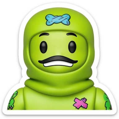 bearbrick toy wearing a lime green balaclava with graffiti design and chill relaxed thick eyebrows showing above sticker