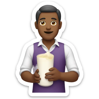 Tan man holding a milk covered eggplant sticker
