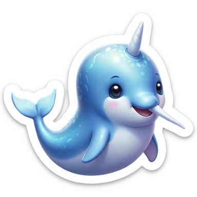 Cinematic Cute Cute Narwhal Portrait Emoji, Head tilted playfully and inquisitively, featuring a charming, sleek body with softly iridescent skin, a prominently spiraled tusk and large, twinkling eyes full of gentle wonder, Simplified yet irresistibly adorable features, highly detailed, glowing with a warm, inviting ocean glow, high shine, affectionate and lively, stylized with a touch of magical sea whimsy, soft glowing outline, capturing the essence of a mischievous yet endearing cute narwhal that seems as if it could frolic out of the screen into your heart! sticker