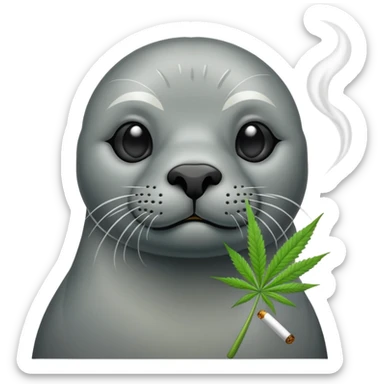 Grey slim seal sitting down and smoking weeds cannabis sticker