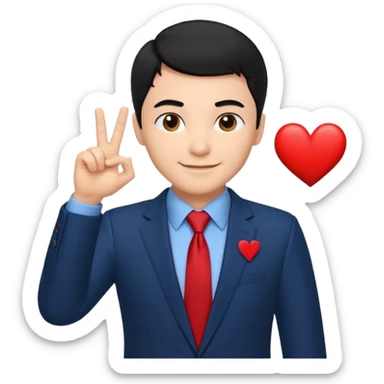 A man in very black short hair with all back hair style, wearing dark blue suit and red tie, making a heart finger sticker