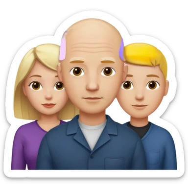 Two blonde women and a man with bald head sticker