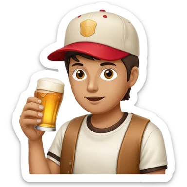 half japanese white hipster wearing a flat bill baseball cap sipping on a pint of beer holding a half eaten hamburger in the other hand sticker