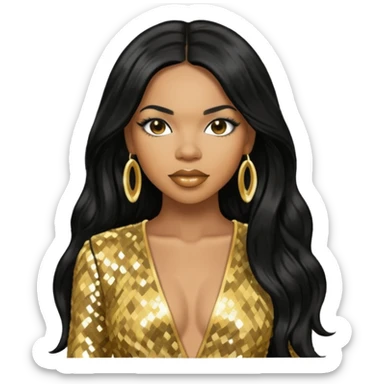 Tenitra Michelle Williams, R&B Singer from Destiny's Child with long black hair, gold sequin outfit, medium dark skin sticker