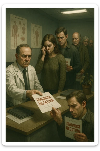 A realistic, cinematic illustration set in a dull, grey-toned medical office. A middle-aged male doctor in a white coat with a stern, cold expression is seated at his desk, handing out medical reports with large red ‘Negative Diagnosis’ stamps to each patient in line. The patients, of various ages and appearances, stand in a line, each looking increasingly sad, defeated, and demoralized as they receive their papers, with slumped shoulders and empty gazes. One young woman wipes away a tear, while a man stares at the paper in shock. The background shows medical posters, a faded plant, and harsh fluorescent lighting, emphasizing the cold, mechanical environment. The mood is heavy, illustrating how negative diagnoses delivered without empatia can deeply affect the mental health and morale of patients. The style is realistic, with subtle filmic grain, emphasizing emotional impact and the weight of medical words on people’s lives. in italiano sticker