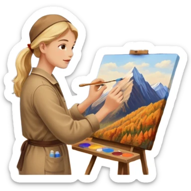 Artist painting a beautiful autumn mountain peak destination on canvas sticker