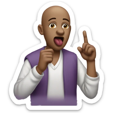 Bald purple skinned man putting their pointer finger on their mouth while pursing their lips (doing the shhh 🤫 expression) sticker