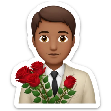 Un homme blanc brun pas en costard qui donne un bouquet de roses dans la main sticker