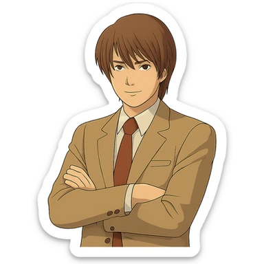 Create an exact Light Yagami in Ghibli style, standing with his arms crossed, wearing the same suit, with the same confident expression. Match the face, hair, and suit details exactly to the reference image. Transparent background. sticker