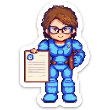 8-bit pixel art icon of a recruiter, Mega Man style, waist-up only, no computer, with glasses, holding a resume, smiling sticker