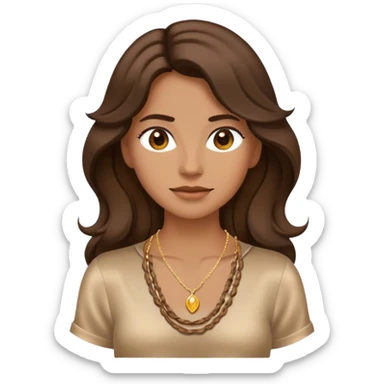 "Emoji femenino con cabello castaño oscuro, largo y ondulado. Tono de piel bronceado. Viste camisa satinada marrón clara y lleva collares delicados. Diseño minimalista pero elegante. sticker