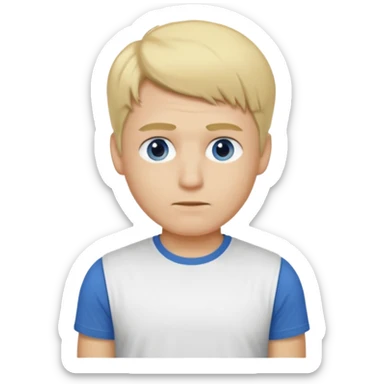 Crée l’emoji d’un homme blond , cheveux court mais un peu de cheveux sur le dessus , yeux bleus , nez avec une bosse, grain de beauté dans le cou. TEE shirt blanc  sticker