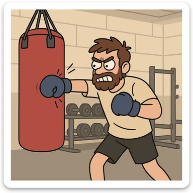 Hit a punching bag – to punch a padded bag for exercise or stress relief.
He went to the gym to hit a punching bag and blow off steam. Background Gym
 sticker