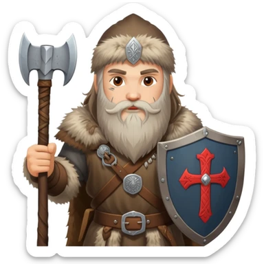 Russian pagan warrior with fur clothing, axe, shield with Slavic symbols, long beard sticker