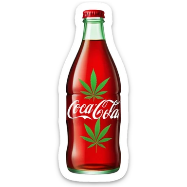 Curved Coca-Cola style glass bottle in red with a green cannabis leaf printed on it and labeled "red pop" sticker