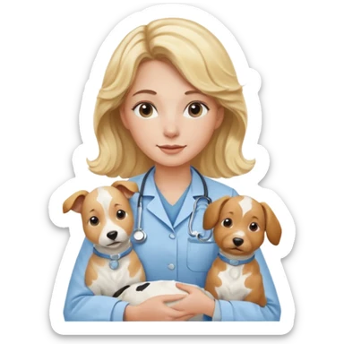 Joven mujer, de cabello bajo los hombros rubio con ondas, veterinaria de perros, vacas y caballos, con traje clínico celeste, sin delantal blanco sticker