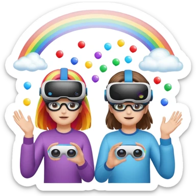 Human girl and boy Show a VR headset or AR glasses, symbolizing the immersive hair experience. Include virtual objects or a 3D scene floating in the air in front of rainbow Make the background transparent. sticker