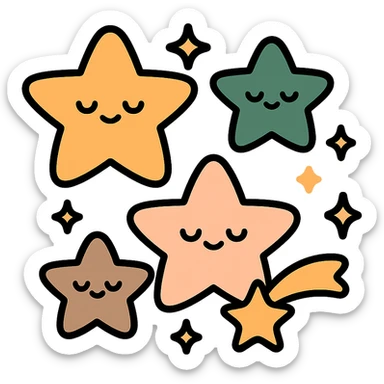 A  collection of cute, glowing stars floating gently in a soft, dreamy sky. The stars vary in size and are designed in a warm and whimsical color palette: golden orange (FA9B41), deep forest green (4A7C5C), muted taupe brown (96775A), and pastel peach (FFCC9A). Each star has a soft, rounded shape with tiny smiles or sparkles on their surfaces, giving them a friendly, magical look. Some are twinkling, while others leave gentle trails of light in peach and gold. The background is softly lit, creating a cozy, enchanted atmosphere like a bedtime story illustration. sticker