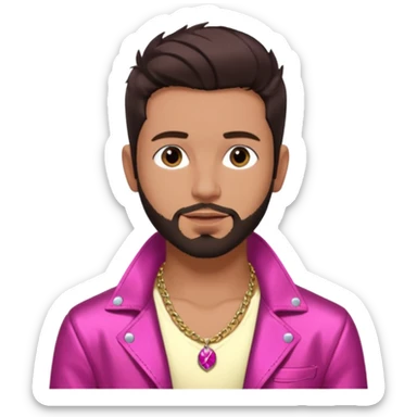 Frankie Zulferino, Pop Singer (b.1990) with dark brown hair and short beard shirtless with necklace, dark pink metallic jacket sticker