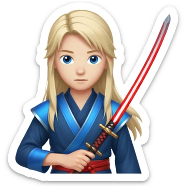 A 14 year old with red glowing katana and his hair be long and eye colour of blue with beautiful background sticker