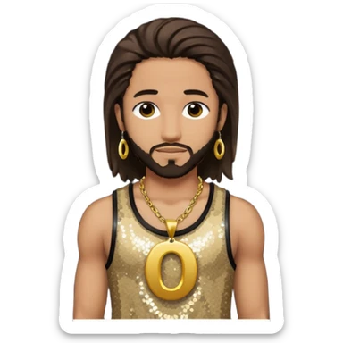Omarion with long dark brown hair, dark brown sequin tank top, necklace with letter o sticker