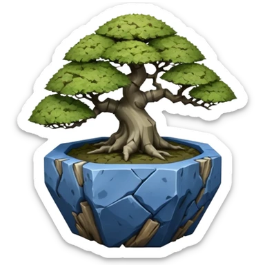 Korean very old broken Stone Age rocky-crusted polyhedron-shaped shallow dark moss rough bark blue maple tree bonsai pot sticker