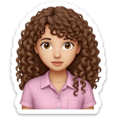 A Latina girl with brown eyes and long loose curly hair with curly bangs with a light pink shirt sticker