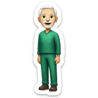 A very old man with a small white beard and has very little hair that is white, the man has peach skin, and he is wearing a green jumpsuit that has the numbers 001 on it and the man is smiling sticker