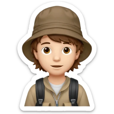 a young student boy with the backpack with bucket hat, brown wavy hair sticker