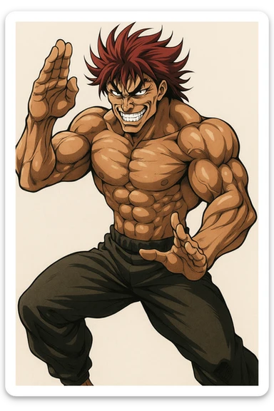 Yujiro Hanma, muscular anime character with red spiky hair, menacing grin, martial arts pose, style 2 sticker