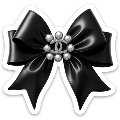 Add a solid white background behind an elegant bow with pearls and a gold Chanel logo, in a glossy, black and white, realistic style with soft reflections and highlights. sticker