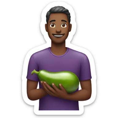Man holding a wet eggplant sticker