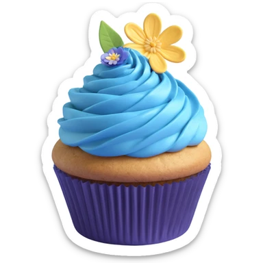 A 3D iOS-style blueberry cupcake with a blue frosting swirl, a single blueberry on top, and a small flower decoration, based on the reference image. The cupcake should have a blue wrapper and a golden-brown base, with a light shadow underneath. sticker